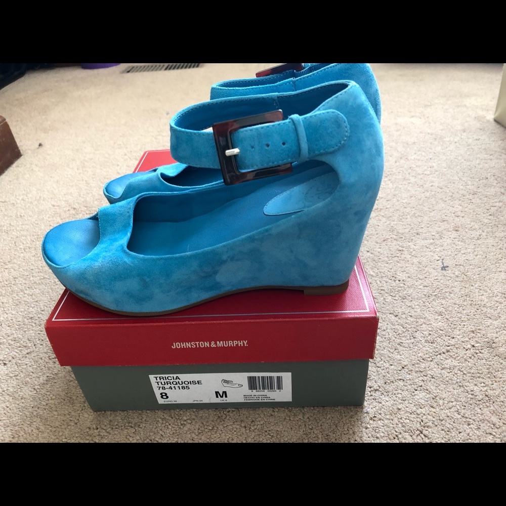 Johnston & Murphy turquoise Tricia wedge sandels
